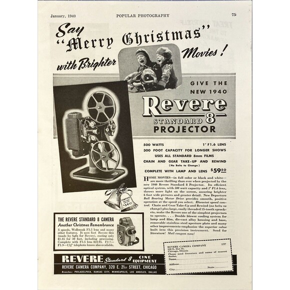Revere Camera Co. Standard 8 Projector "Say Merry Christmas" Vtg Print Ad 1940 - Picture 1 of 3